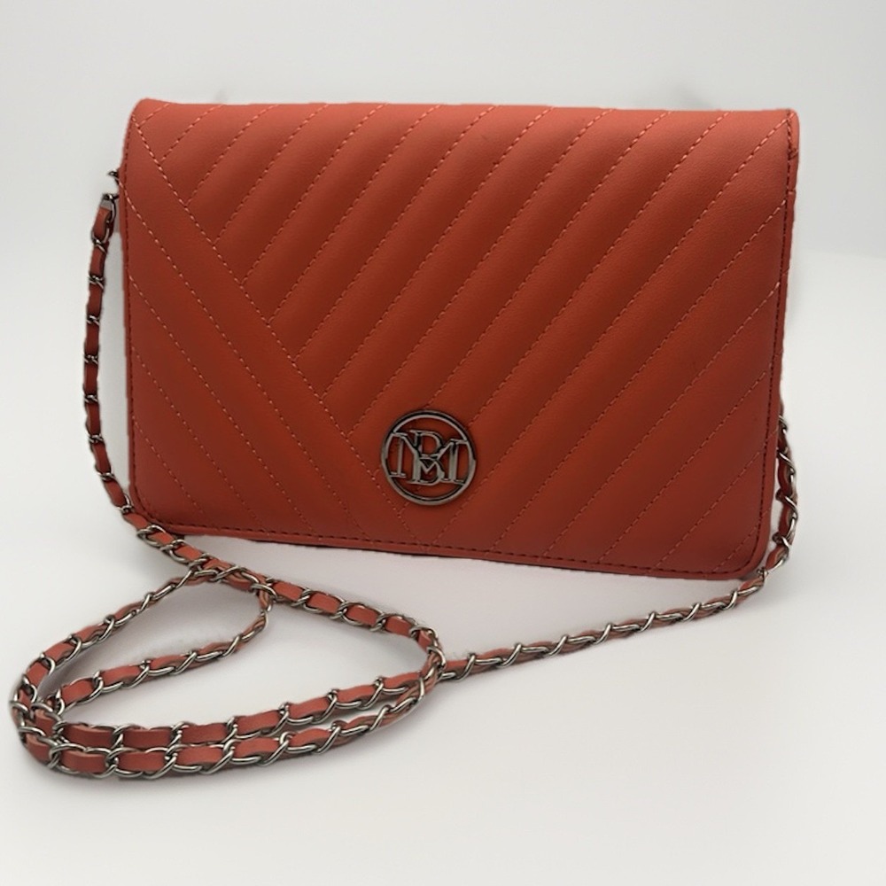 Badgley Mischka Orange Quilted Chevron Chain Shoulder Bag Logo Stitching Women's